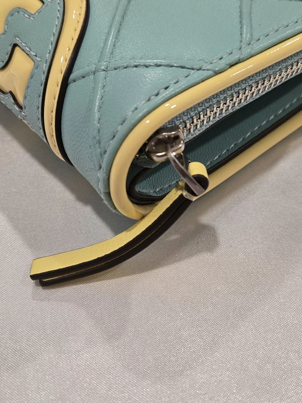 Tory Burch Quilted Aqua Leather Wristlet with Yellow Trim EUC